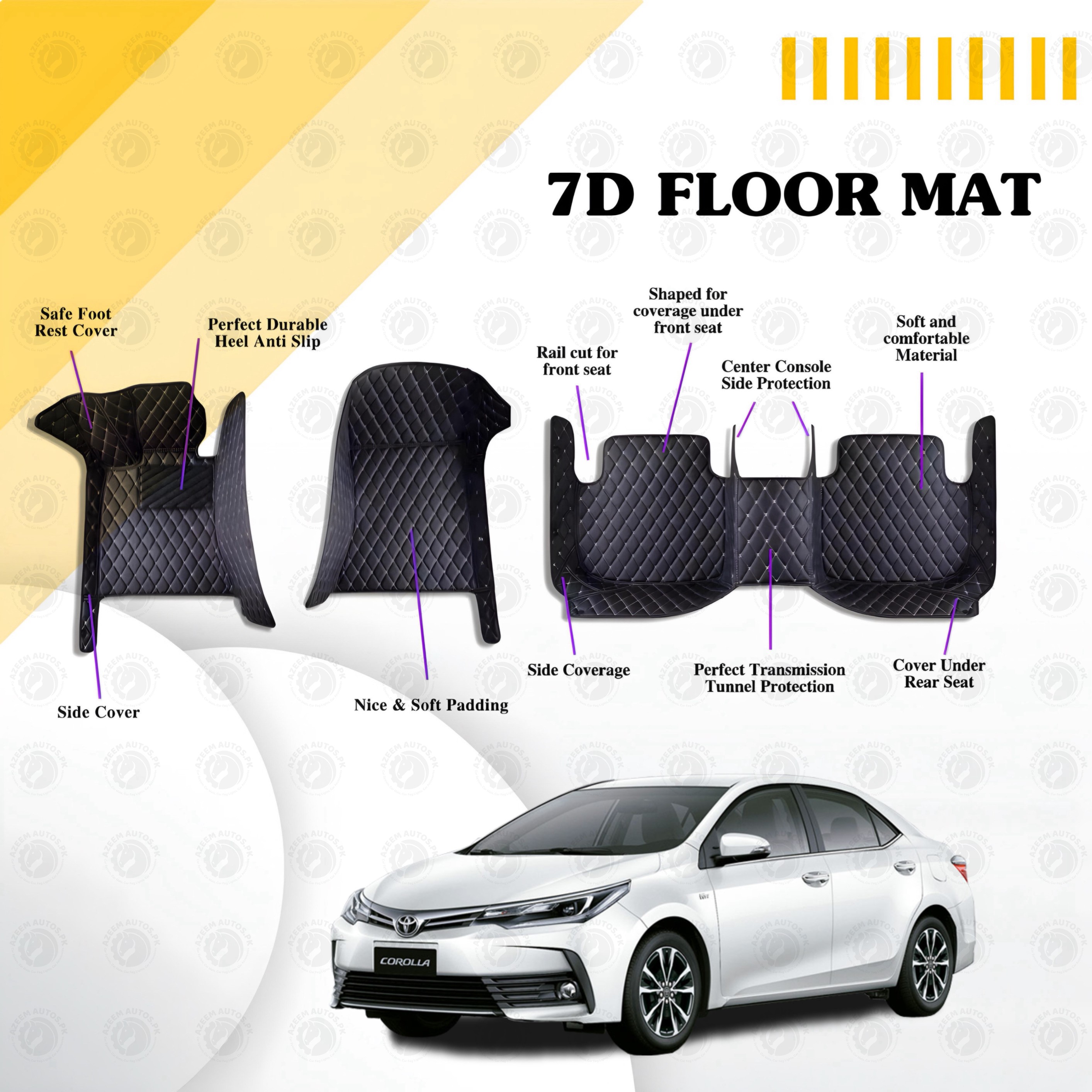 Toyota Corolla 7D Floor Mats Black Multi Color Thread 3 Pcs - Model 2015-2024