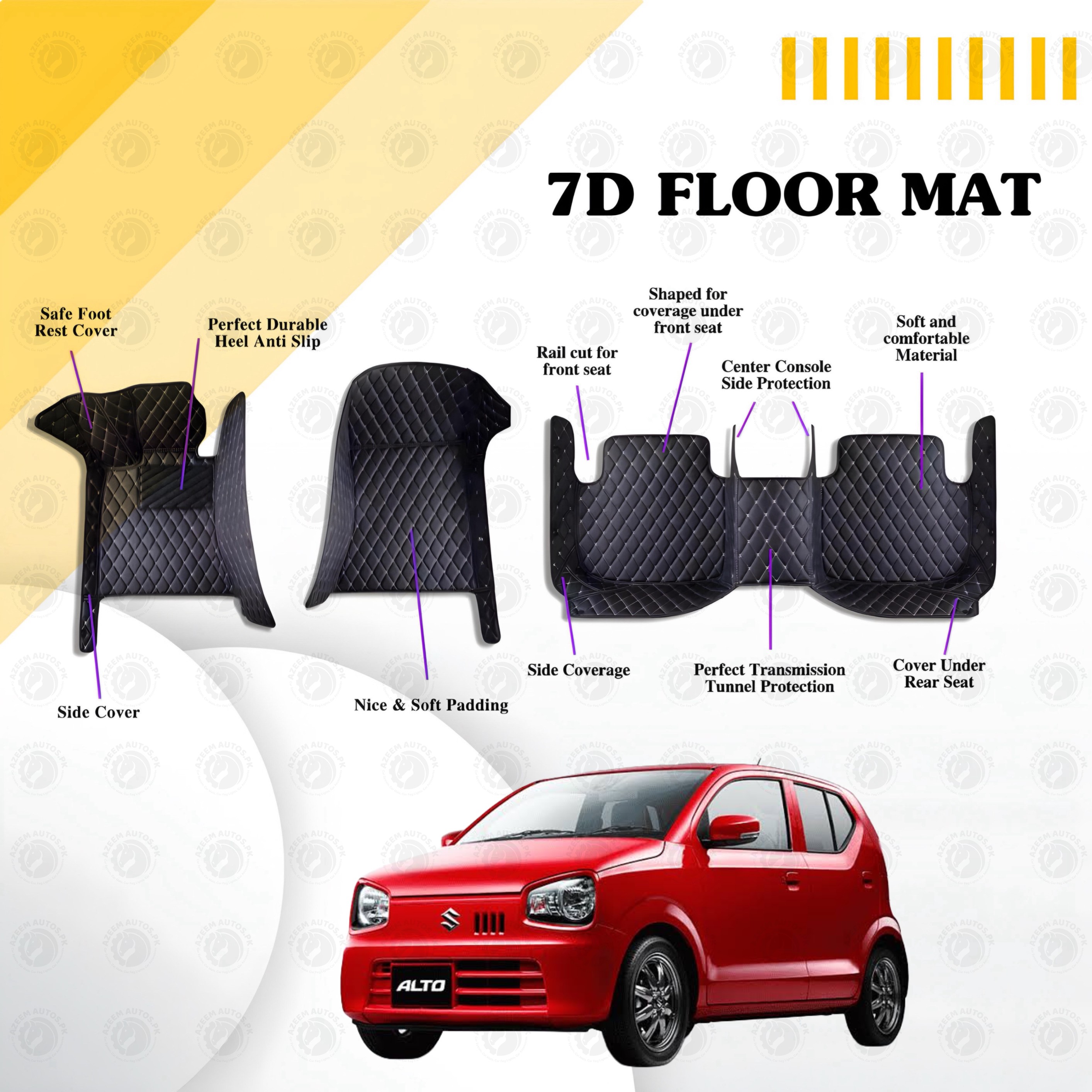 Suzuki Alto Floor Mats Black Multi Color Thread 3 Pcs - Model 2019-2021