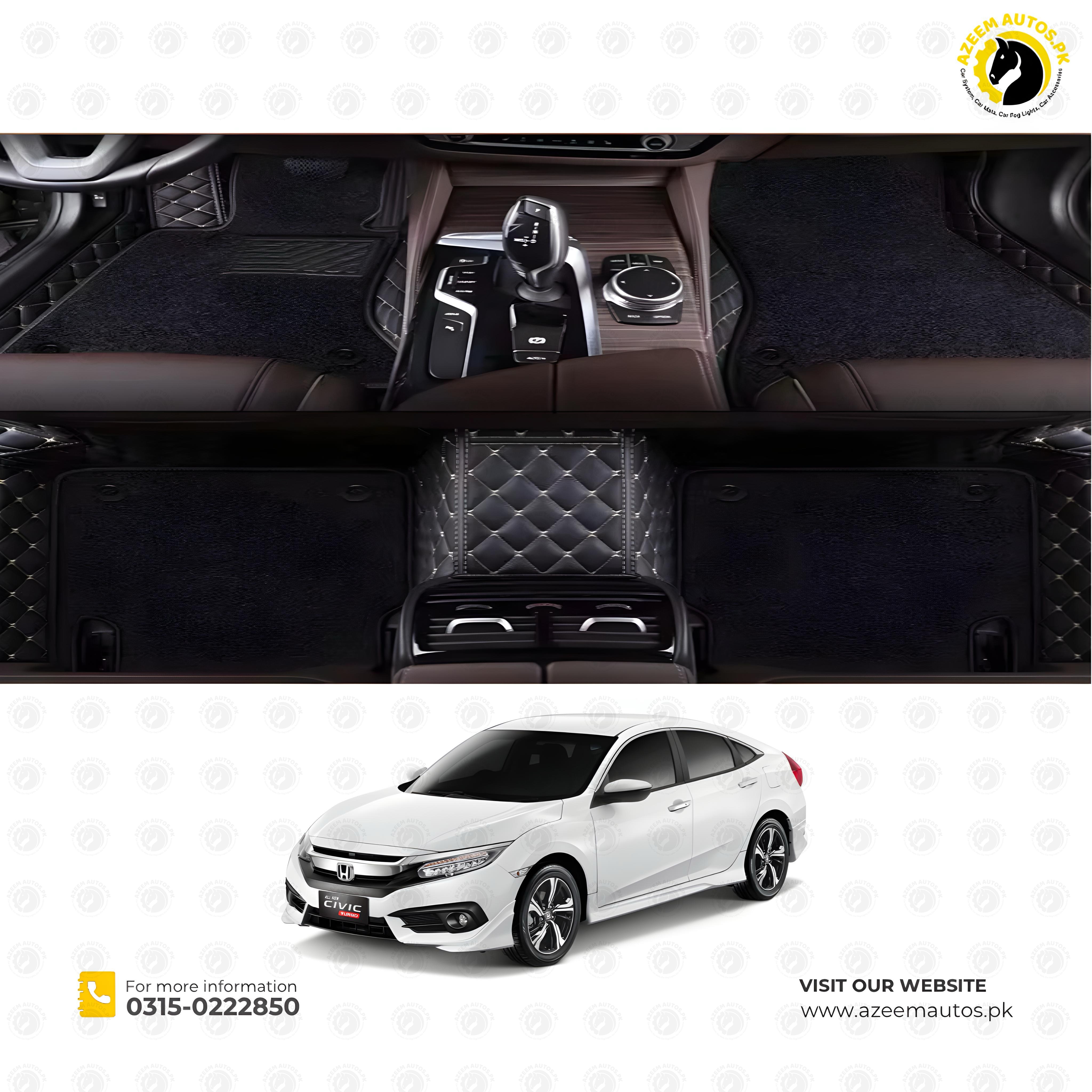 Honda Civic 9D Floor Mats Mix Thread Black With Black Grass With Logo 3 Pcs - Model 2016-2023