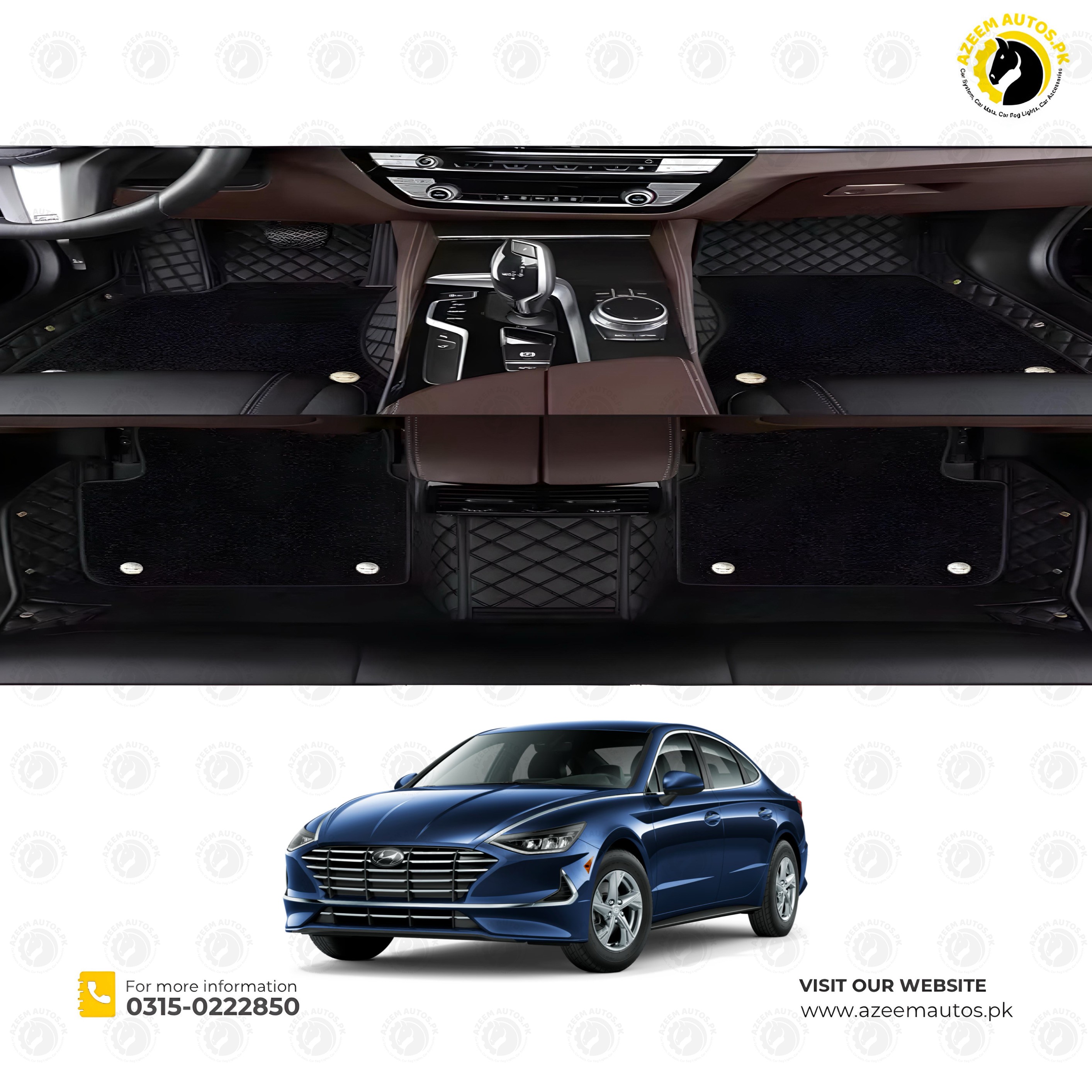 Hyundai Sonata 9D Floor Mats Mix Thread Black With Black Grass 3 Pcs - Model 2021-2024