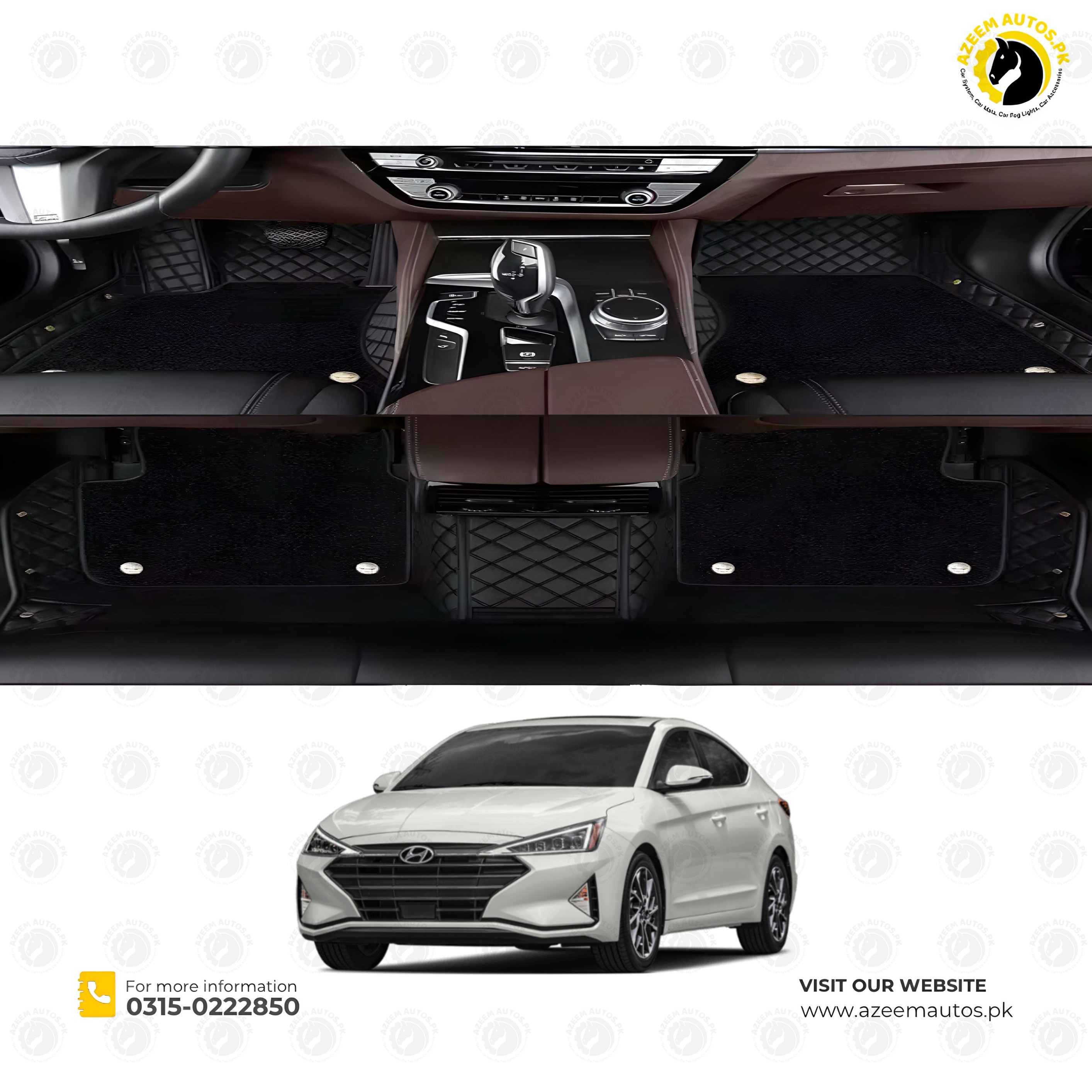 Hyundai Elantra 9D Floor Mats Mix Thread Black With Black Grass With Logo 3 Pcs - Model 2021-2024