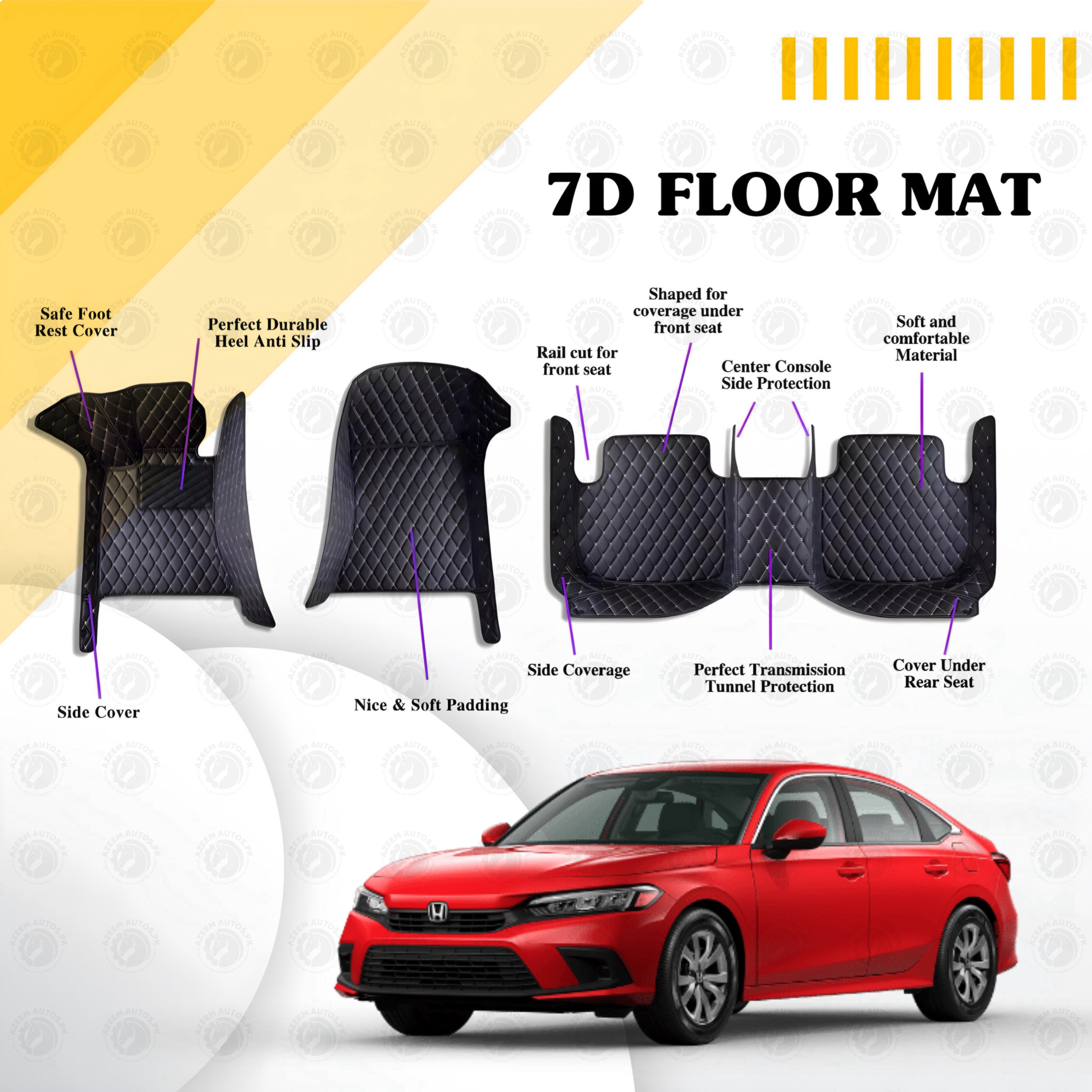 Honda Civic 7D Floor Mats Black Multi Color Thread 3 Pcs - Model 2022