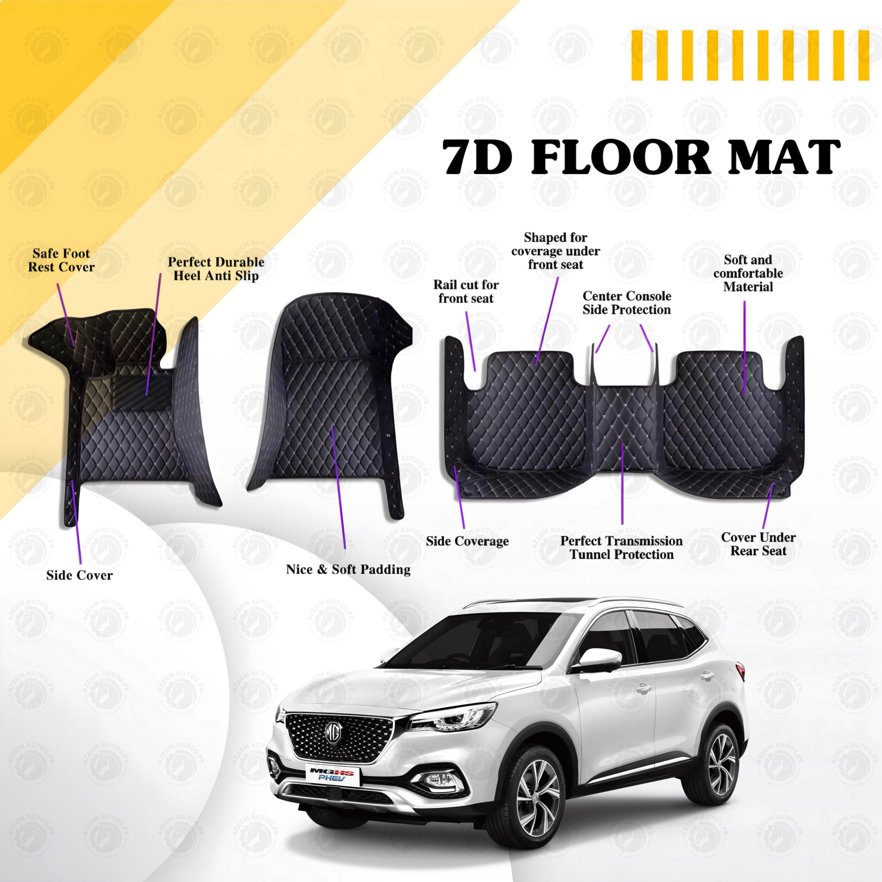 MG-HS 7D Floor Mats Black Multi Color Thread 3 Pcs - Model  2020-2021