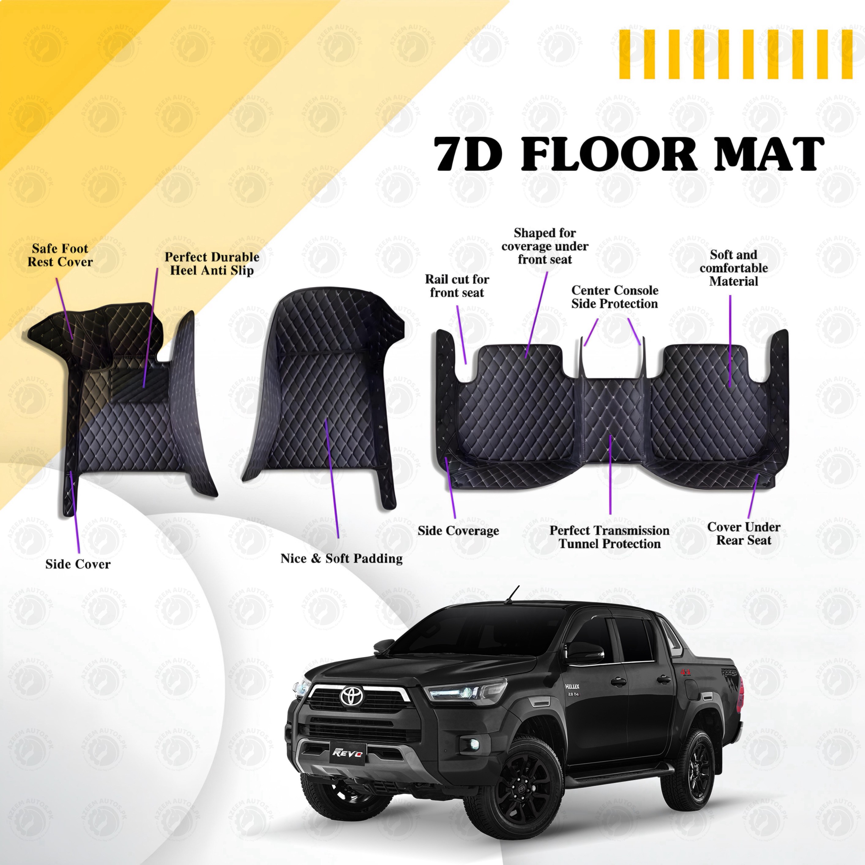 Toyota Hilux Revo/Rocco 7D Floor Mats Black Multi Color Thread 3 Pcs - Model 2016-2021