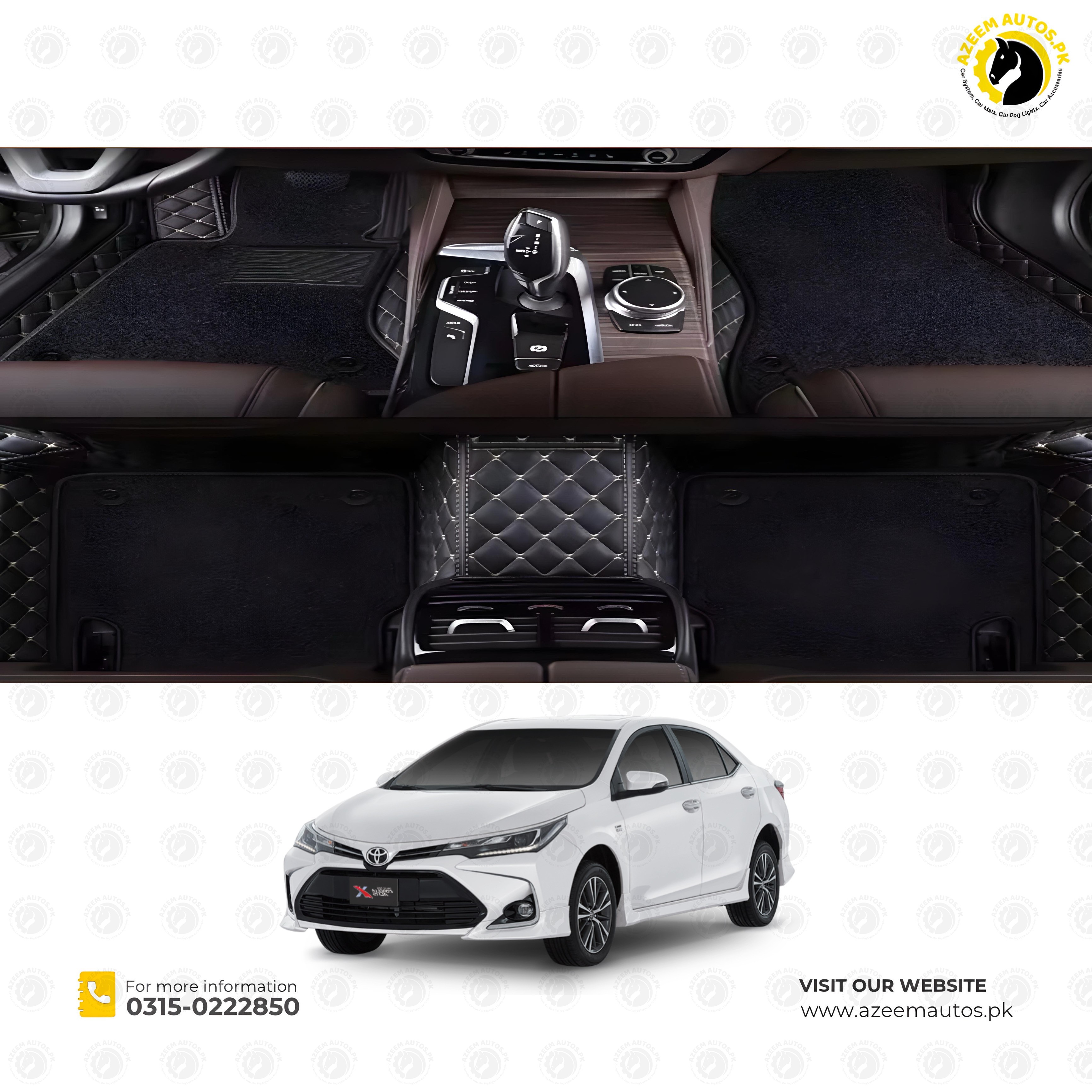 Toyota Corolla 9D Floor Mats Mix Thread Black With Black Grass With Logo 3 Pcs - Model 2014-2024