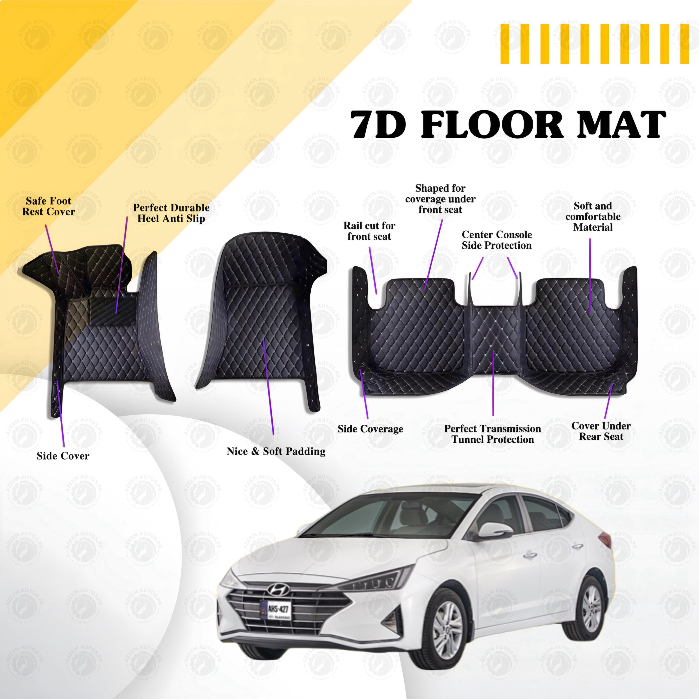 Hyundai Elantra Floor Mats Black Multi Color Thread 3 Pcs - Model  2021-2022