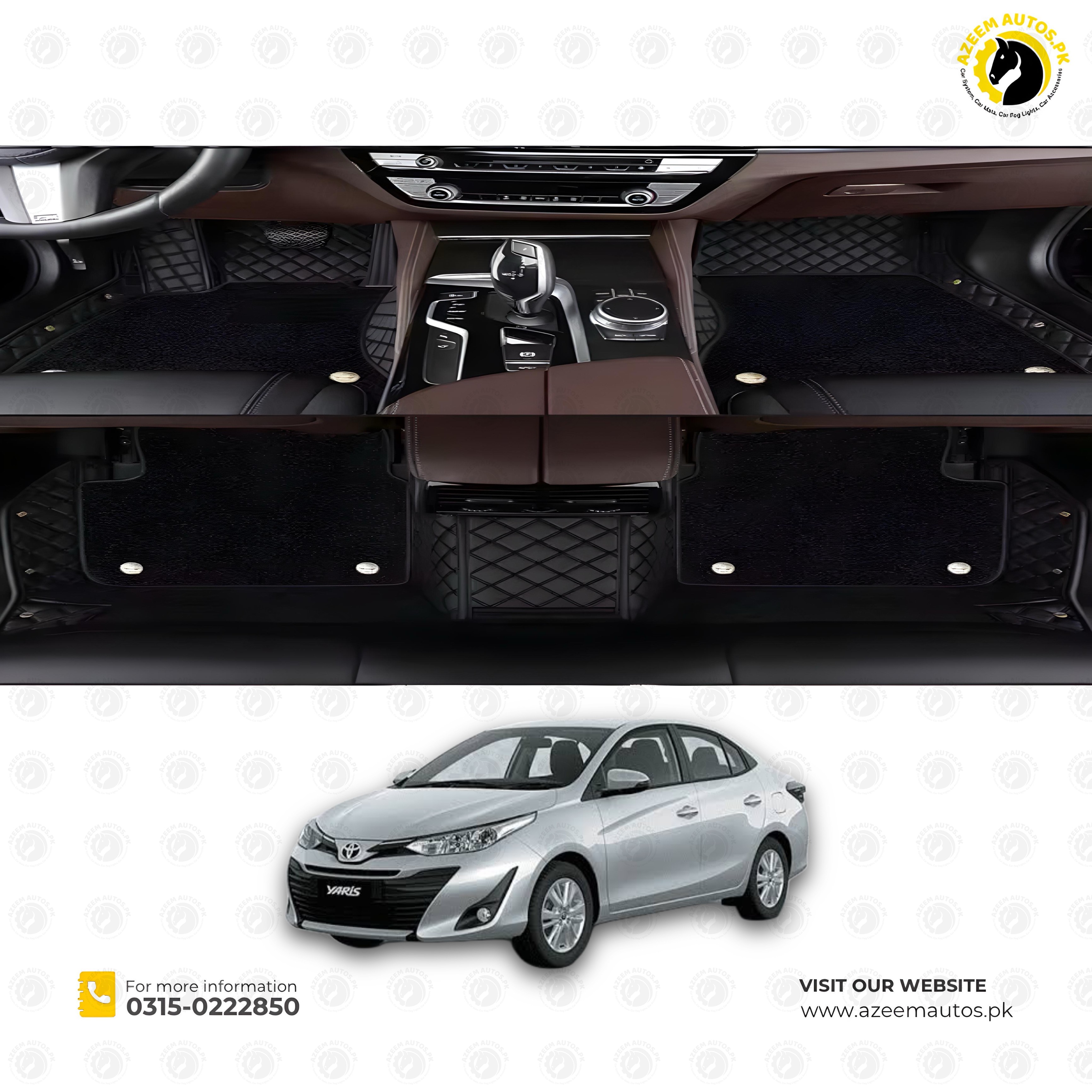 Toyota Yaris 9D Floor Mats Mix Thread Black With Black Grass With Logo 3 Pcs - Model 2020-2021