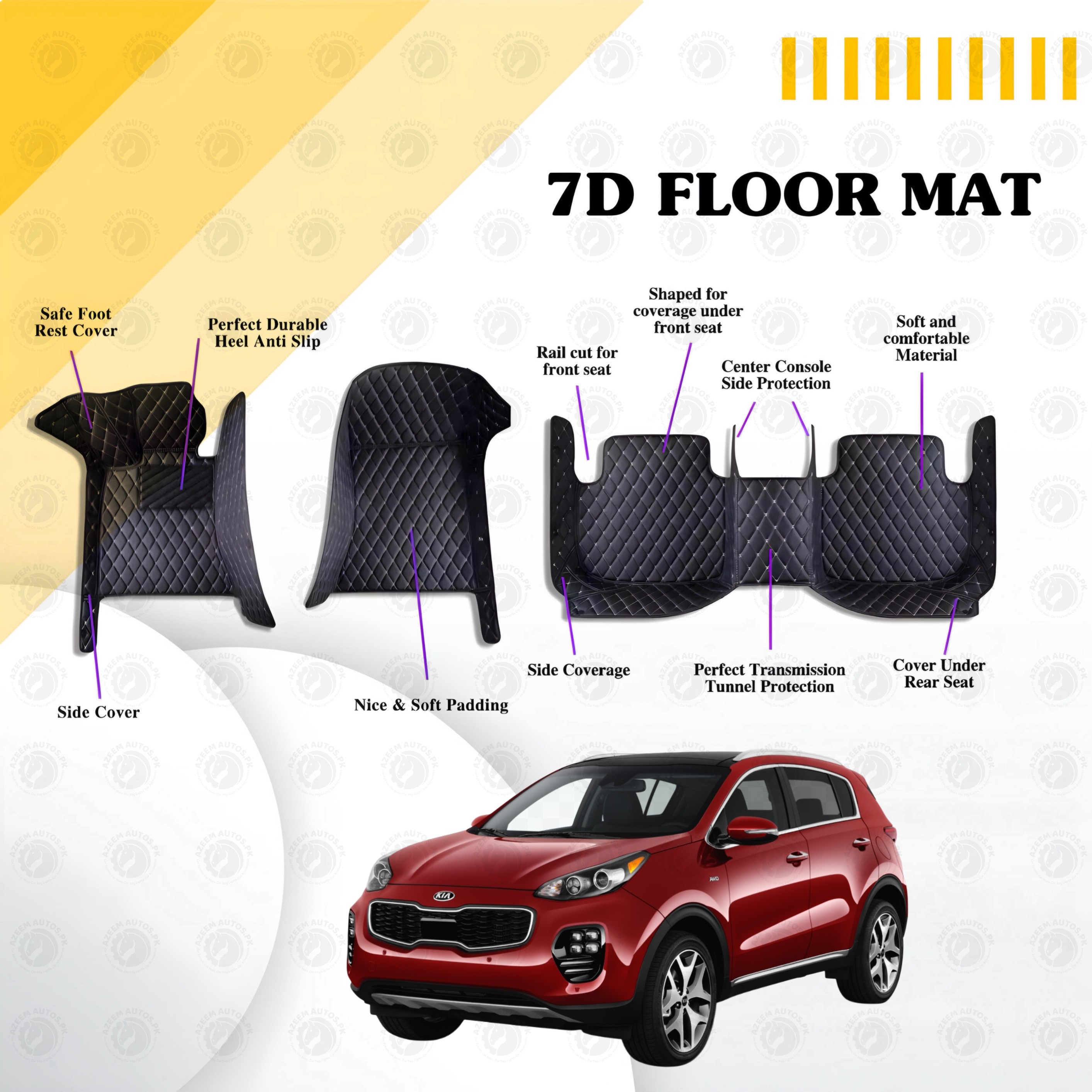 KIA Sportage 7D Floor Mats Black Multi Color Thread 3 Pcs -2019-2021