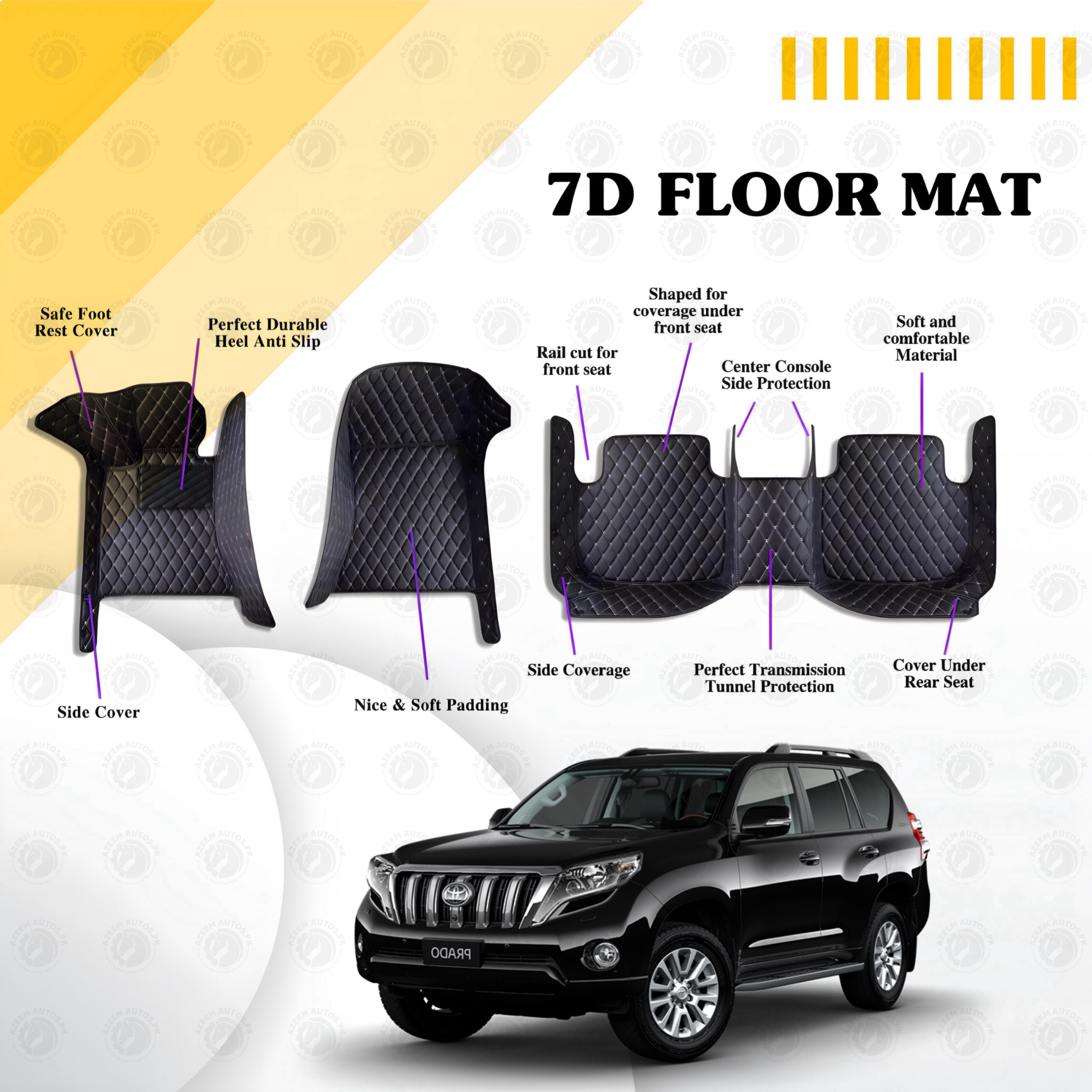 Toyota Prado Floor Mats Black Multi Color Thread 3 Pcs - Model 2009-2021