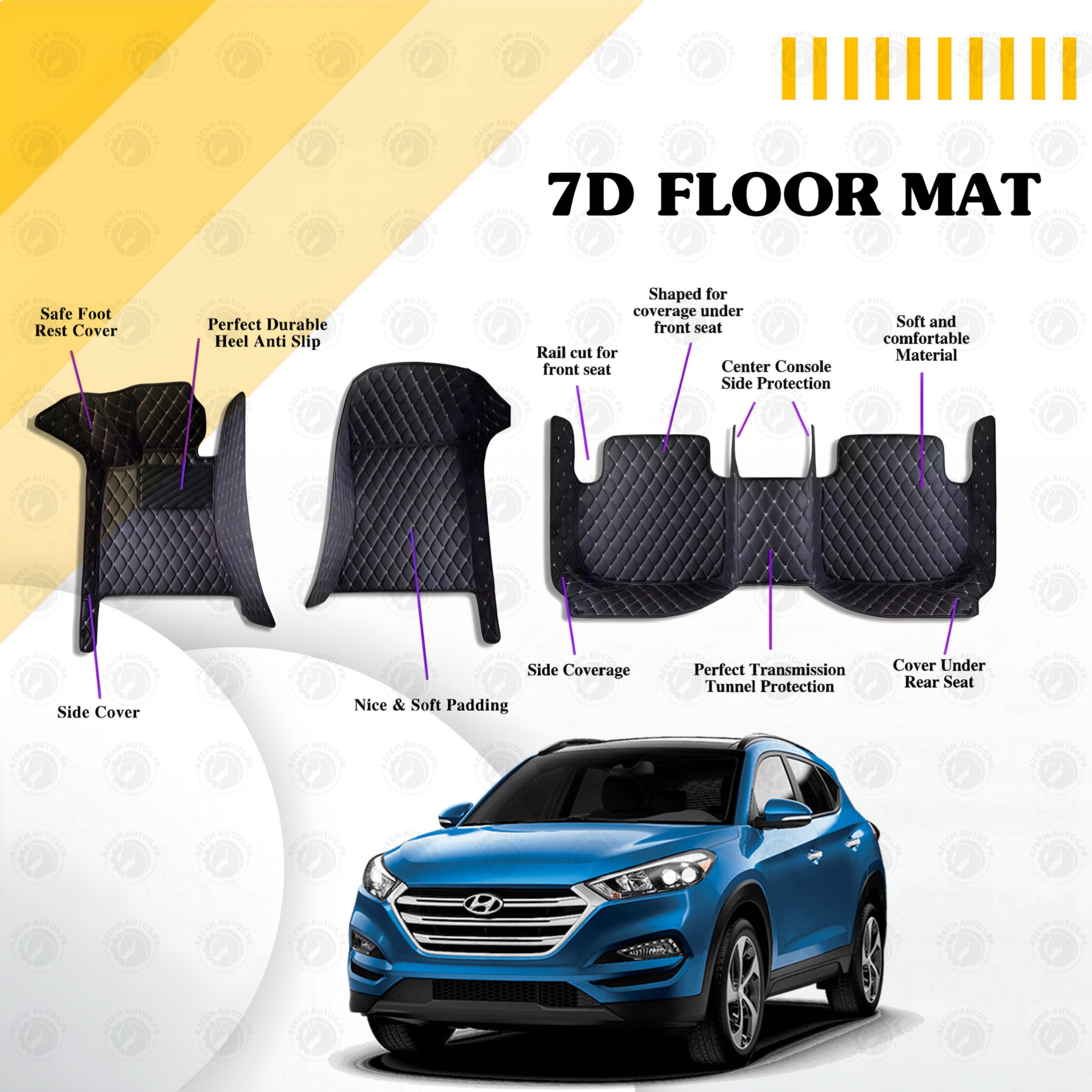 Hyundai Tucson Floor Mats Black Multi Color Thread 3 Pcs - Model  2020-2021