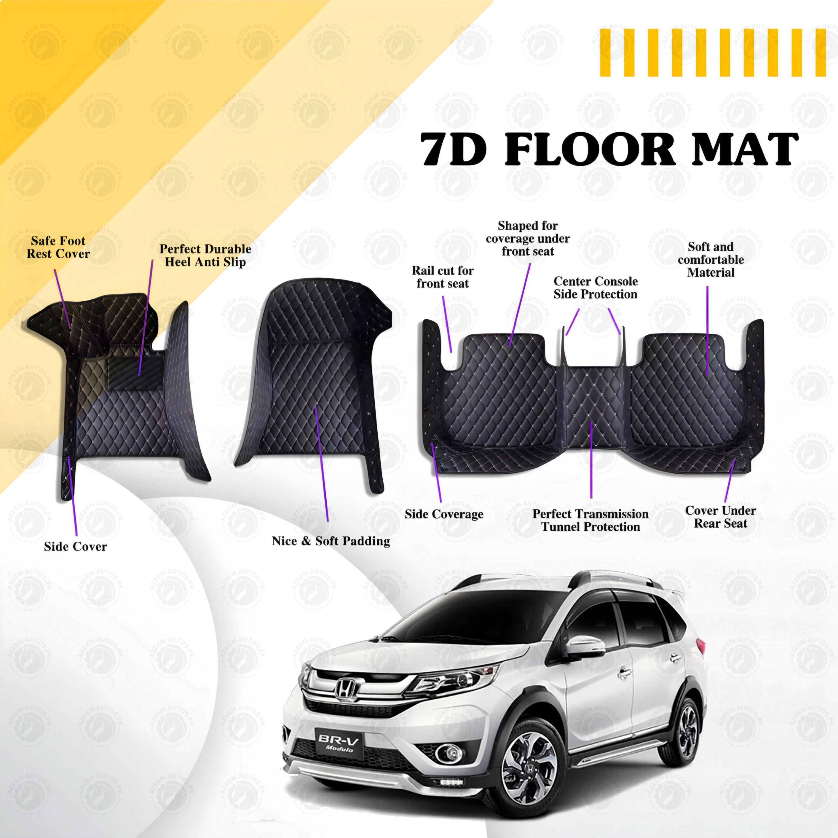 Honda BRV 7D Floor Mats Black Multi Color Thread 3 Pcs - Model 2017-2021