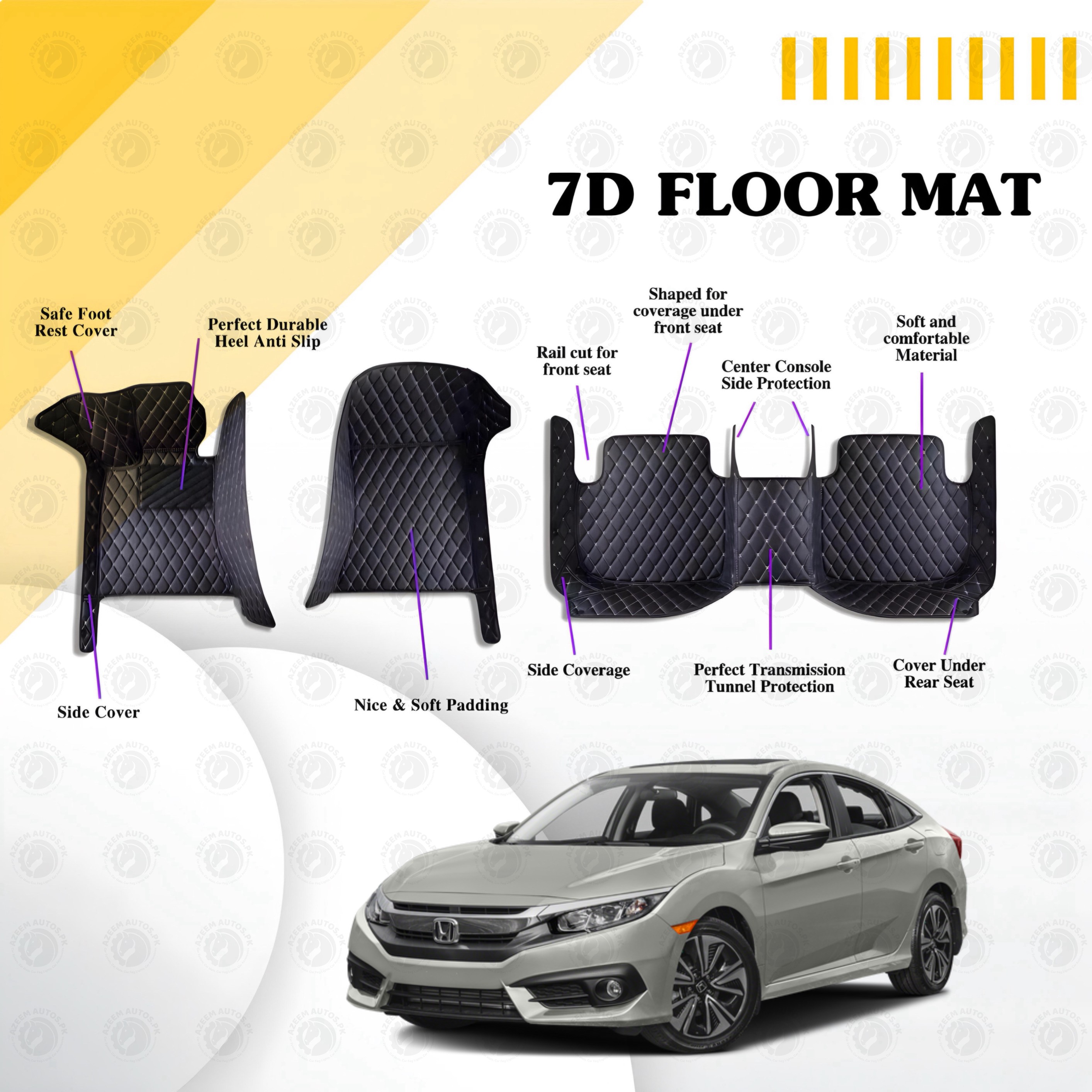 Honda Civic 7D Floor Mats Black Multi Color Thread 3 Pcs - Model 2016-2021