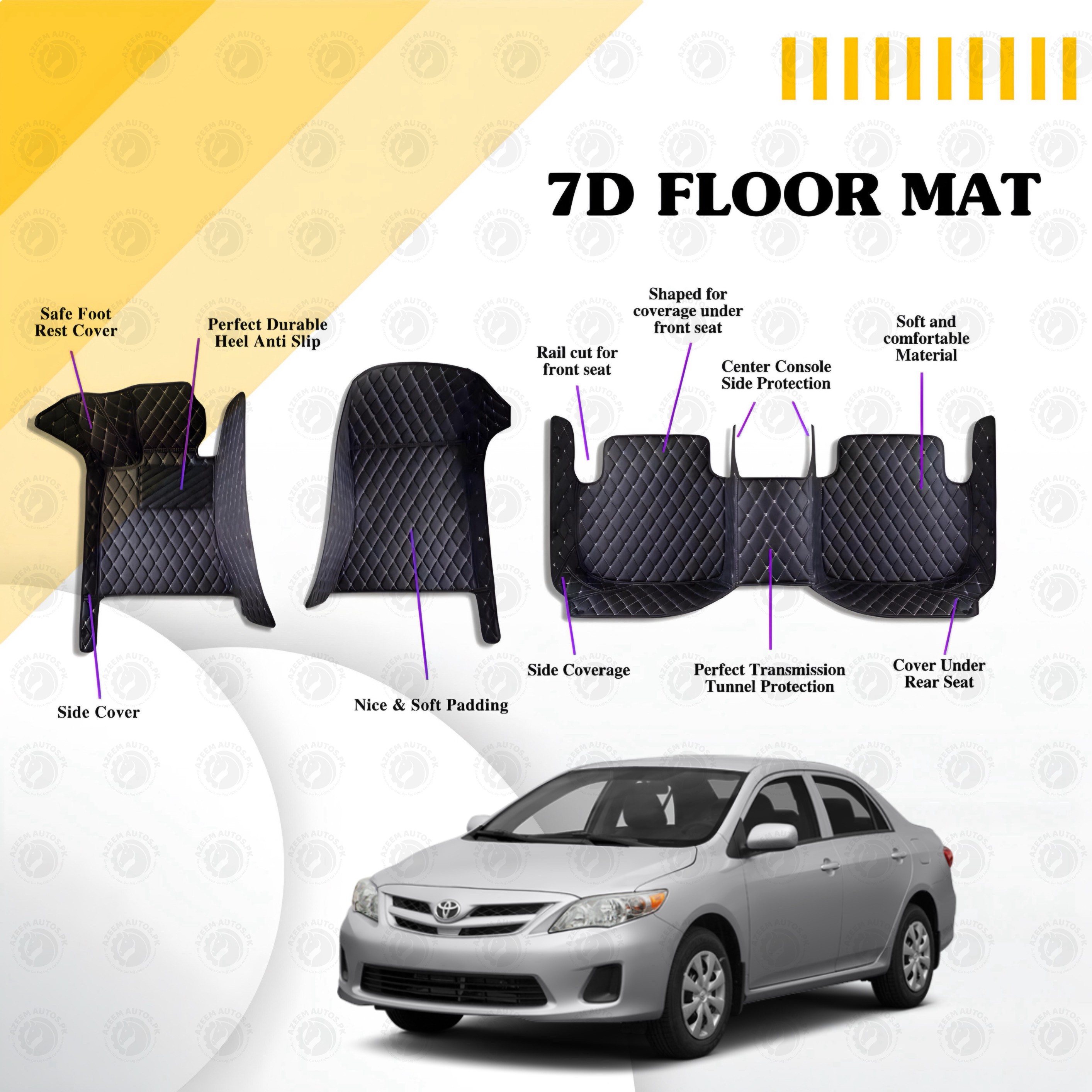 Toyota Corolla 7D Floor Mats Black Multi Color Thread 3 Pcs - Model 2009-13